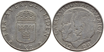 Швеция 1 крона 1988 Карл XVI Густав (1973- ) KM 852a медно-никель 4397-1221