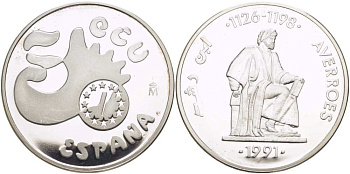 Испания 5 экю 1991 Аверроэс (Ибн Рушд) западно-арабский философ (1126-1198) серебро PROOF 11-177-24