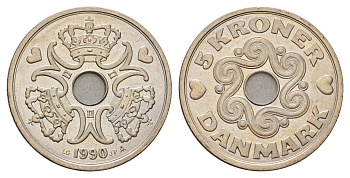 Дания 5 крон 1990 Маргрете II (1972-2024) KM 869 медно-никель UNC 175-442