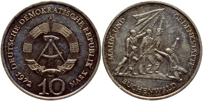 ГДР 10 марок 1972 A, мемориал Бухенвальда KM 38, J. 1539 медно-никель aUNC 1523-121