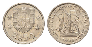 Португалия 2,5 эскудо 1979 парусник KM 590 медно-никель UNC 4708-354