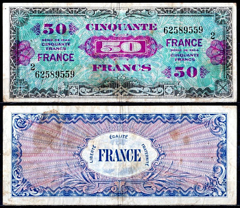 Франция 50 франков 1944 Pick 122 b бумага 7183-29-4-1