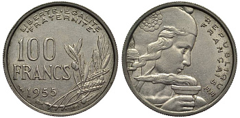ФРАНЦИЯ 100 ФРАНКОВ 1955 ТИП COCHET KM 919.1, LE FRANC 450.4 медно-никель 27-754