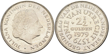 Нидерланды 2 1/2 гульдена 1979 400 лет Утрехтскому союзу, Юлиана (1949-1980) KM 197 никель 4593-625