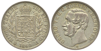 Брауншвейг-Каленберг-Ганновер 1/6 талера 1860 В, Георг  V (1851-1866) KM 238, Jaeger 95, AKS. 14 серебро  aUNC  413-1824