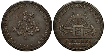 ИРЛАНДИЯ 1/2 ПЕННИ 1813 ТОКЕН, DUBLIN, ПРОМЫШЛЕННОСТЬ медь 1525-1033