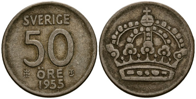 Швеция 50 эре 1955 Густав VI Адольф (1950-1973) KM 825 серебро 4177-935