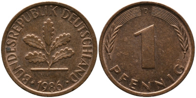 ФРГ 1 ПФЕННИГ 1986 D KM 105, J.380 сталь плакированная медью 96-1122