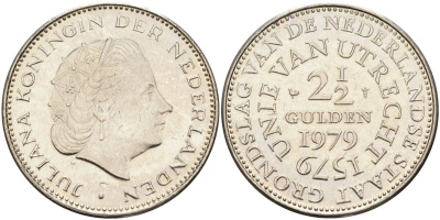 Нидерланды 2 1/2 гульдена 1979 400 лет Утрехтскому союзу, Юлиана (1949-1980) KM 197 никель 4593-625