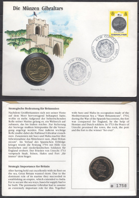 Гибралтар 10 пенсов 1990 в конверте с маркой (КПД - Конверт первого дня Гашения) KM 23.1 медно-никель UNC 9001-83
