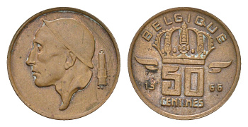 Бельгия 50 сантимов 1966 BELGIQUE, Бодуэн I (1951-1993) KM 148 бронза 4685-1149