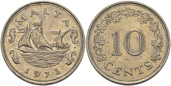 Мальта 10 центов 1972 баржа Великого магистра KM 11 медно-никель 82-316