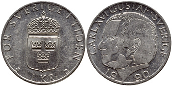 Швеция 1 крона 1990 Карл XVI Густав (1973- ) KM 852a медно-никель 4398-1254