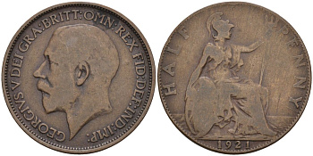 Великобритания 1/2 пенни 1921 Георг V (1910-1936) KM 809, Spink 4056 бронза 4126-742
