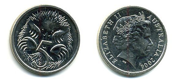 АВСТРАЛИЯ 5 ЦЕНТОВ 2006 ЕЛИЗАВЕТА II, ТРЕТИЙ ПОРТРЕТ, ЕХИДНА KM 401 медно-никель 46-2252