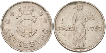 Люксембург 1 франк 1939 Шарлотта (1918-1964) KM 44 медно-никель 4620-1232