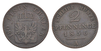 Пруссия 2 пфеннига 1856 A, Фридрих Вильгельм IV (1840-1861) KM 452, Jaeger 51, Olding 336, AKS 91 медь 4651-233