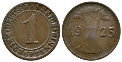 ГЕРМАНИЯ 1 РЕЙХСПФЕННИГ 1925 J KM 37, J. 313 бронза 4380-1128
