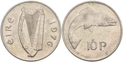Ирландия 10 пенсов 1976 лосось KM 23 медно-никель 88-735