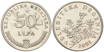 Хорватия 50 лип 2001 нечетный год KM 8 сталь плакированная никелем  UNC  105-553