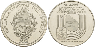 Уругвай 2000 песо 1984 25-ая встреча управляющих банками, стран американских континетов KM 88 серебро UNC 11-082-21
