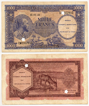 Бельгийское Конго 1000 франков 1962 Руанда-Бурунди, погашенная, антилопа Pick 2a бумага 451-107-2