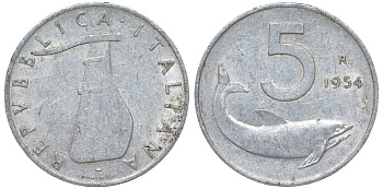 Италия 5 лир 1954 R, плуг, дельфин KM 92 алюминий 4596-427