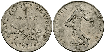 Франция 1 франк 1977 сеятель KM 925 никель 4135-855