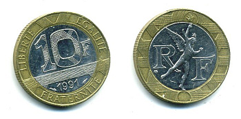 Франция 10 франков 1991 тип Гений Бастилии KM 964.1, Le Frank 375.6 биметалл 25-2254