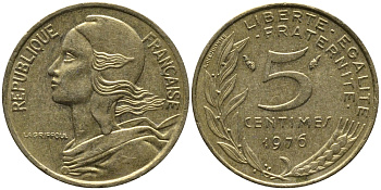 ФРАНЦИЯ 5 САНТИМОВ 1976 ТИП MARIANNE KM 933, LE FRANC 125.12 алюминиевая бронза 261-639