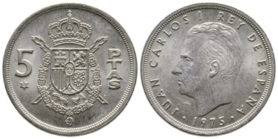 Испания 5 песет 1975 (76) Хуан Карлос I (1975-2014) KM 807 медно-никель 4610-213