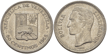 Венесуэла 50 сентимо 1965 Симон Боливар KM 41, Schon 51 никель 31-516