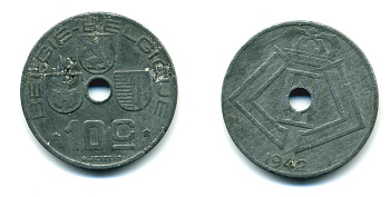 БЕЛЬГИЯ 10 САНТИМОВ 1942 BELGIE-BELGIQUE, ГЕРМАНСКАЯ ОККУПАЦИЯ, ВТОРАЯ МИРОВАЯ ВОЙНА KM 126 цинк 86-1452