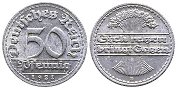 ГЕРМАНИЯ 50 ПФЕННИГОВ 1921 D KM 27, J. 301 алюминий 4380-837