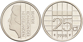 Нидерланды 25 центов 1998 Беатрикс (1980-2013) KM 204 никель UNC 4588-932