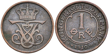 Дания 1 эре 1910 VBP; GJ, Фредерик VIII (1906-1912) KM 804 бронза 188-1235