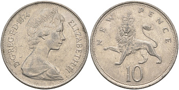 Великобритания 10 пенсов 1974 Елизавета II (1952-2022) KM 912, Spink 4231 (F1) медно-никель 4587-925