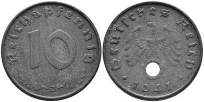 ГЕРМАНИЯ 10 РЕЙХСПФЕННИГОВ 1941 D KM 101, J.371 цинк 95-747