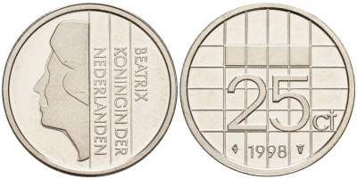 Нидерланды 25 центов 1998 Беатрикс (1980-2013) KM 204 никель UNC 4588-932