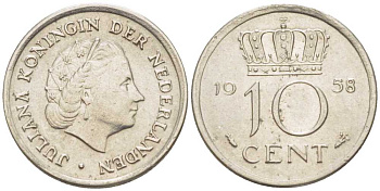 НИДЕРЛАНДЫ 10 ЦЕНТОВ 1958 ЮЛИАНА (1948-1980) KM 182 никель 214-1149