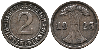 ГЕРМАНИЯ 2 РЕНТЕНПФЕННИГА 1923 D KM 31, J. 307 бронза 24-444