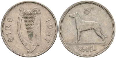 Ирландия 6 пенсов 1967 ирландский волкодав KM 13a медно-никель 4146-456
