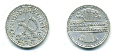 ГЕРМАНИЯ 50 ПФЕННИГОВ 1920 A KM 27, J. 301 алюминий 54-1212