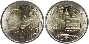 ФРГ 2 евро 2010 J, Бремен, городская ратуша и Роланд, серия Федеральные земли Германии KM 285 биметалл UNC 115-1221