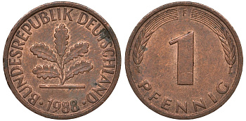ФРГ 1 пфенниг 1988 F KM 105 сталь плакированная медью 4124-567
