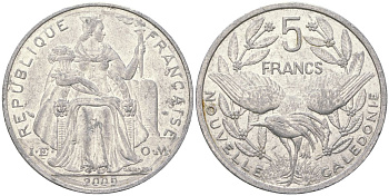 Французская Новая Каледония 5 франков 2009 птица кагу, (IEOM) KM 16, Schoen 12, Lec 81k алюминий 4111-244