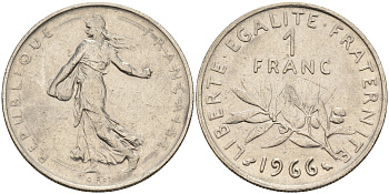 Франция 1 франк 1966 сеятель KM 925.1 никель      4603-121