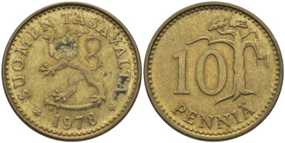 ФИНЛЯНДИЯ 10 ПЕННИ 1978 К KM 46 алюминиевая бронза 100-213