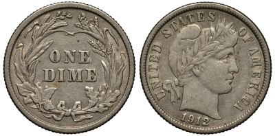 США 10 центов (дайм) 1912 тип Барбер (Barber) KM 113 серебро 272-1143