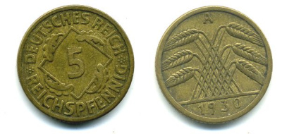ГЕРМАНИЯ 5 РЕЙХСПФЕННИГОВ 1930 A, KM 39, J. 316 алюминиевая бронза 46-2332